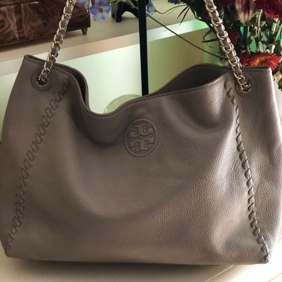 TORY BURCH Marion Chain Slouchy Tote Shoulder Bag Gray - Picture 2 of 15